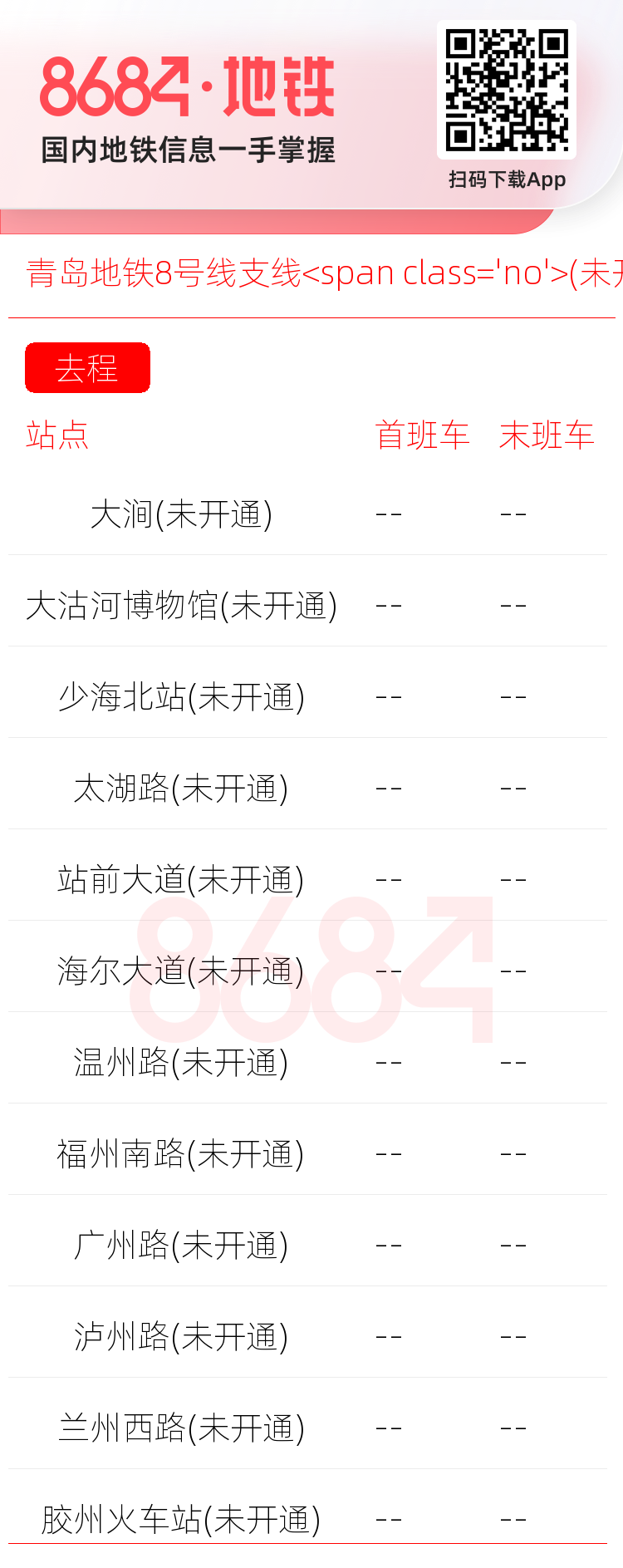 青岛地铁8号线支线<span class='no'>(未开通)</span>运营时间表