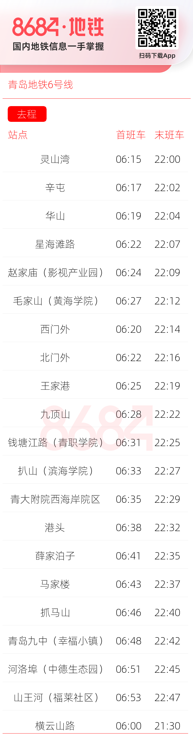 青岛地铁6号线运营时间表