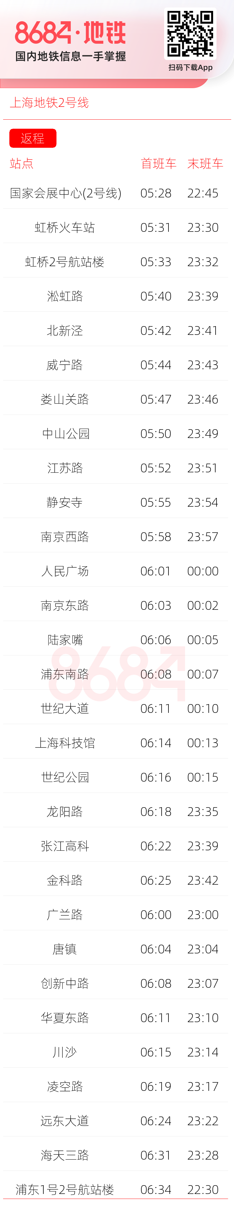 上海地铁2号线运营时间表