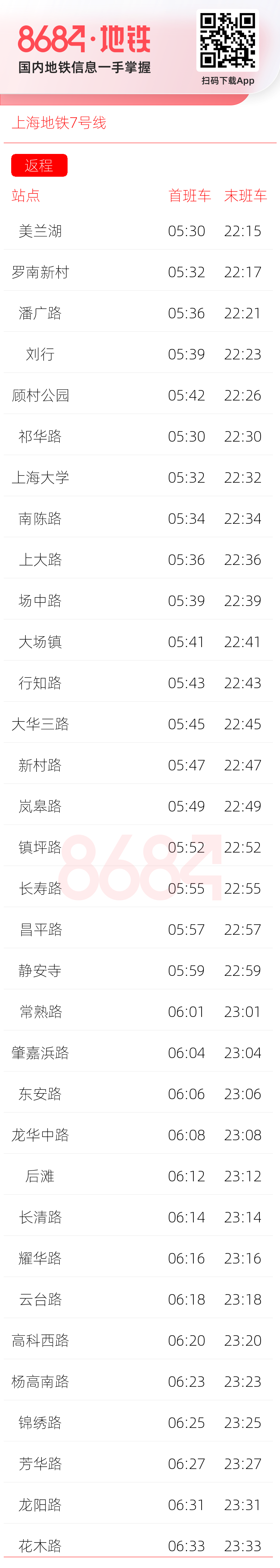 上海地铁7号线运营时间表