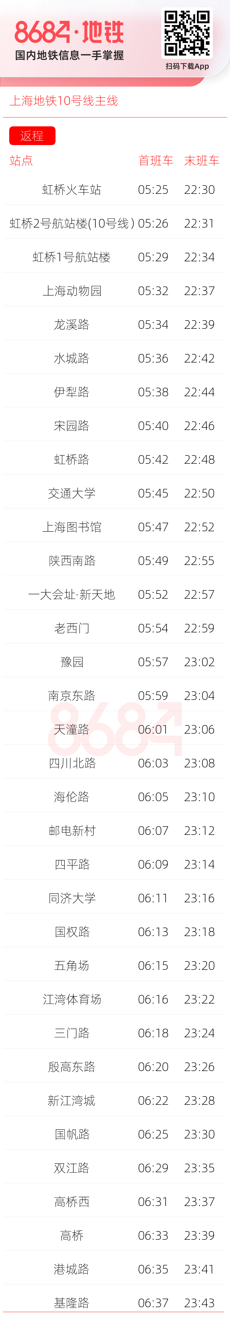 上海地铁10号线主线运营时间表