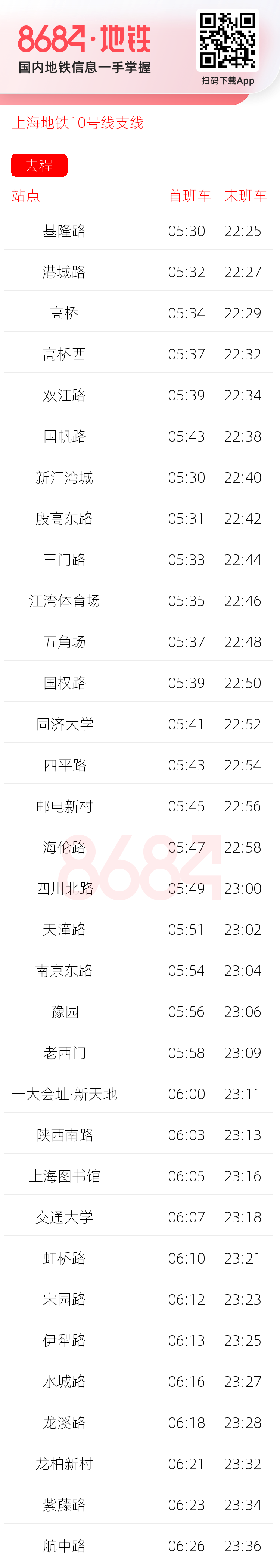 上海地铁10号线支线运营时间表