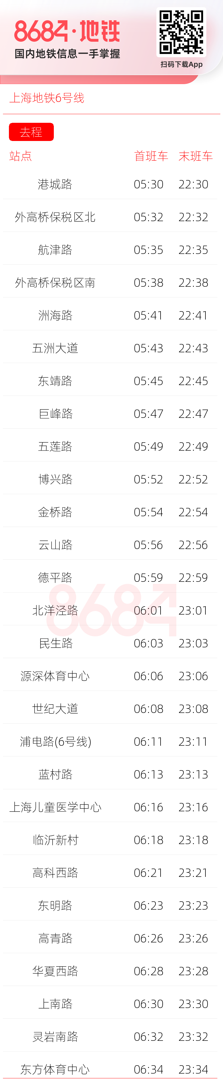 上海地铁6号线运营时间表