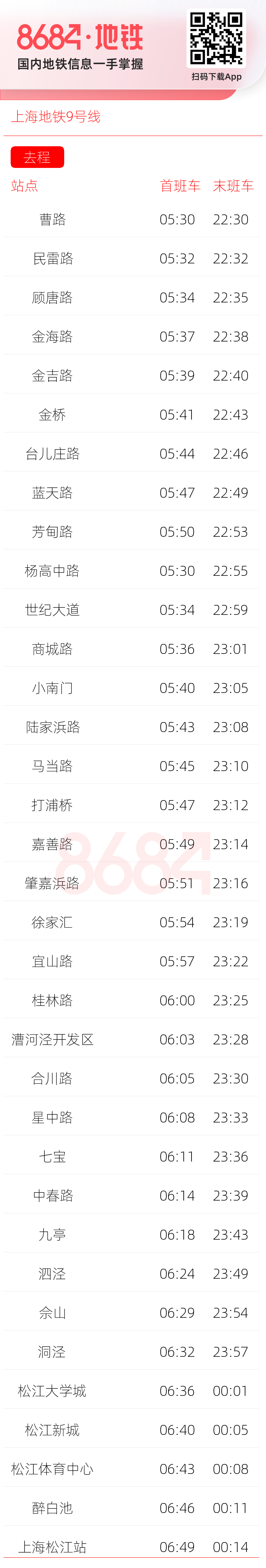 上海地铁9号线运营时间表