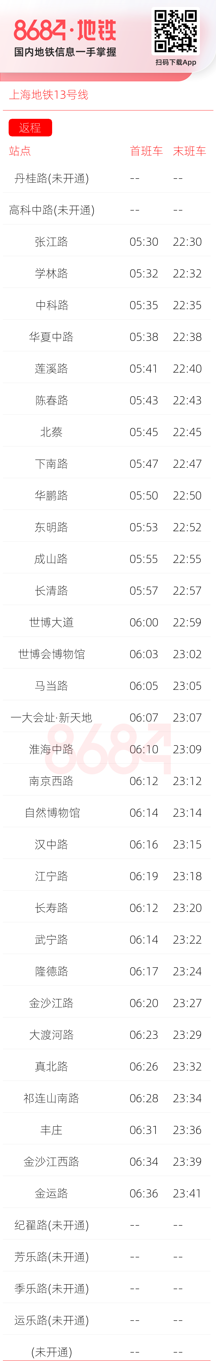 上海地铁13号线运营时间表