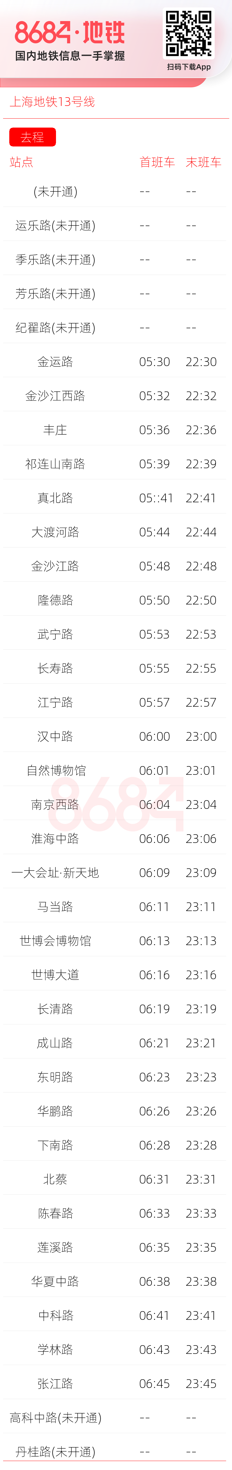 上海地铁13号线运营时间表