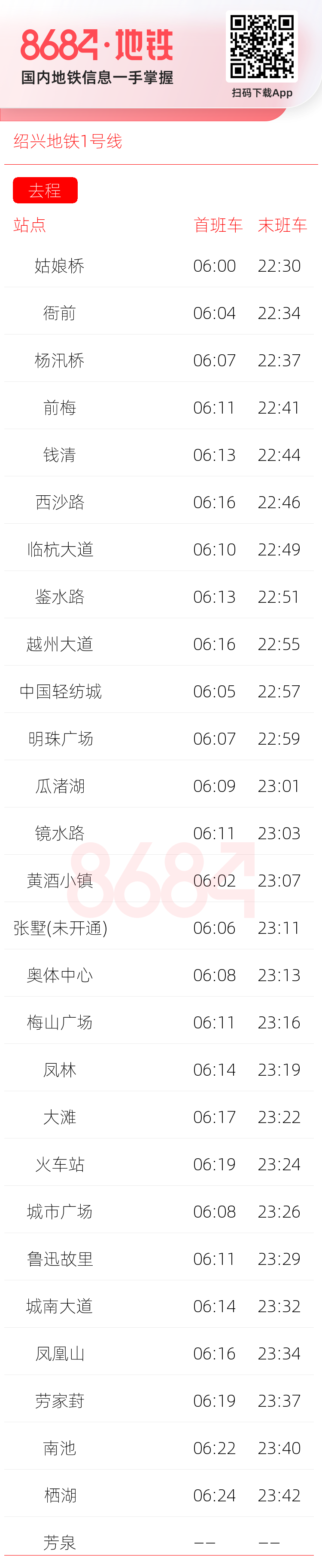 绍兴地铁1号线运营时间表