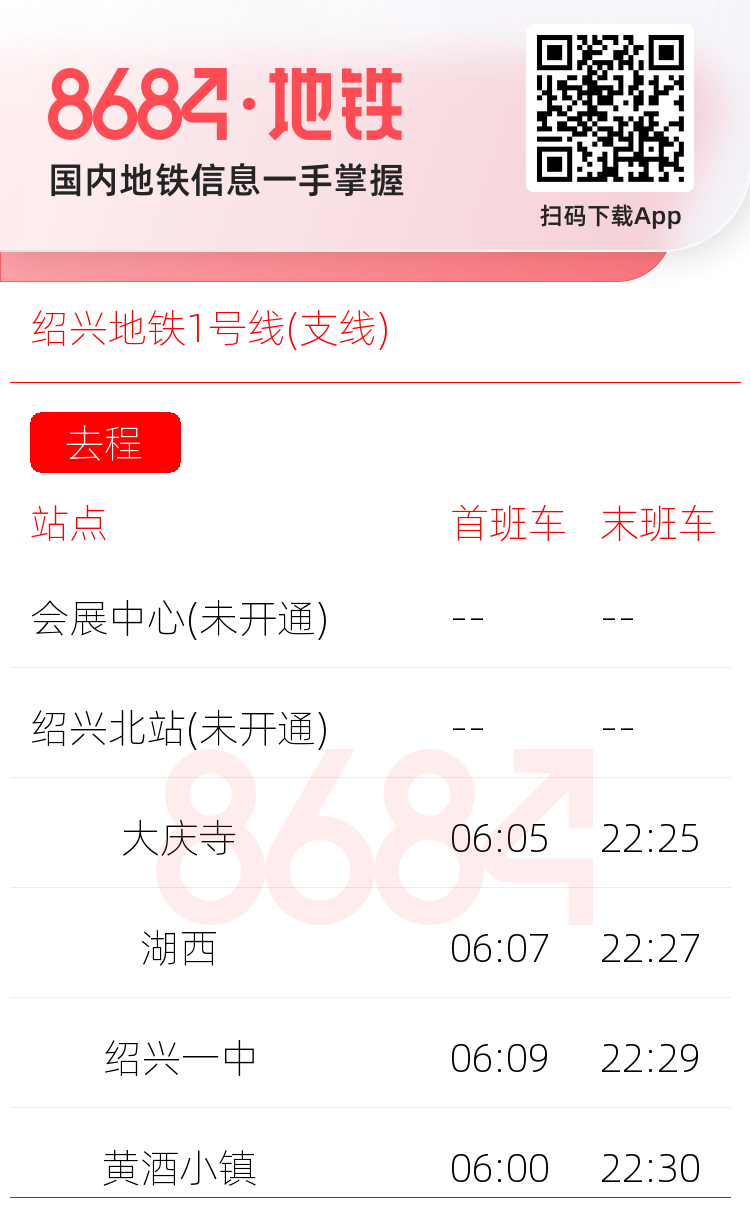 绍兴地铁1号线(支线)运营时间表