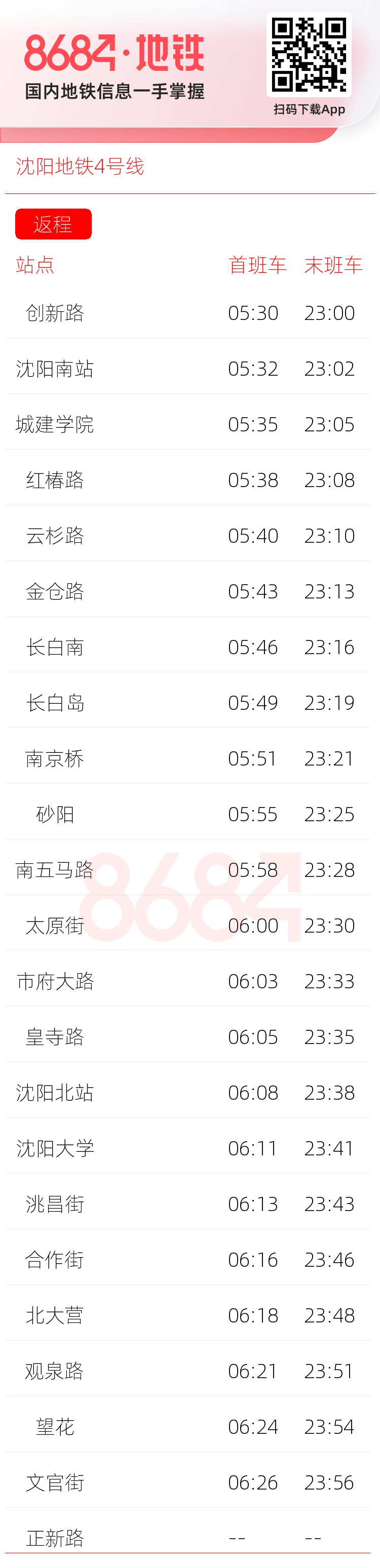 沈阳地铁4号线运营时间表