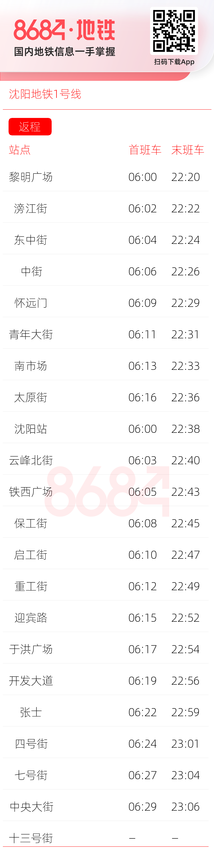 沈阳地铁1号线运营时间表