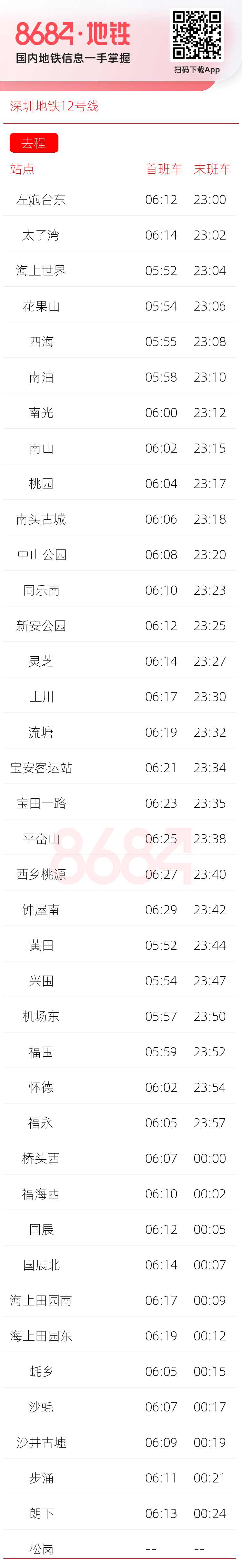 深圳地铁12号线运营时间表
