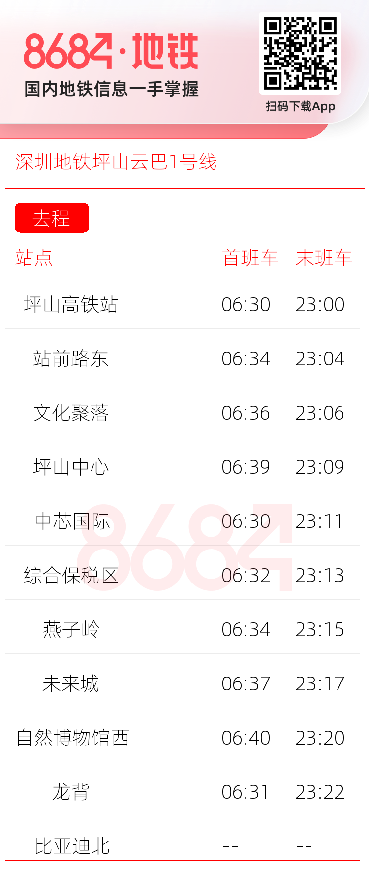 深圳地铁坪山云巴1号线运营时间表