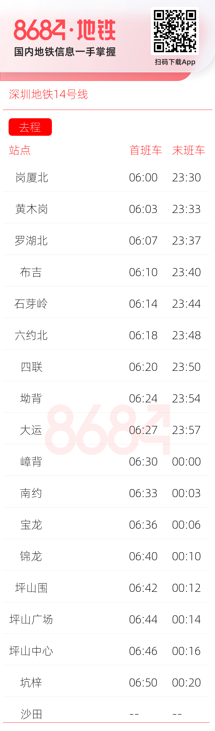 深圳地铁14号线运营时间表
