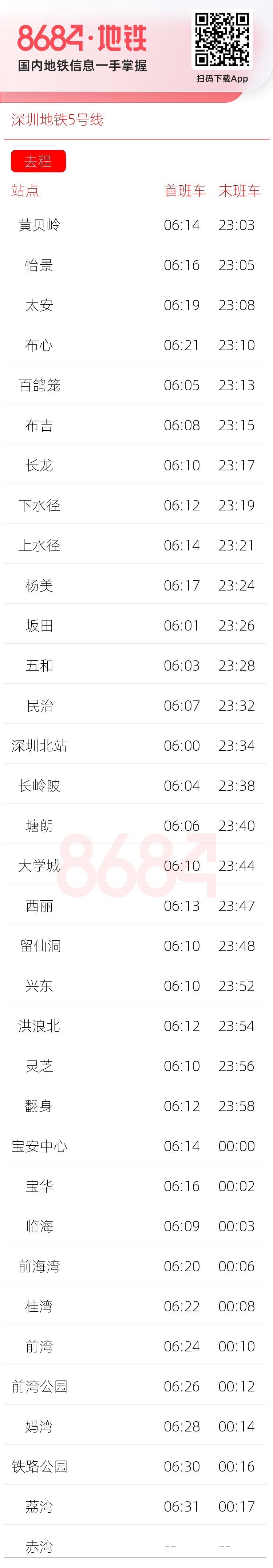 深圳地铁5号线运营时间表
