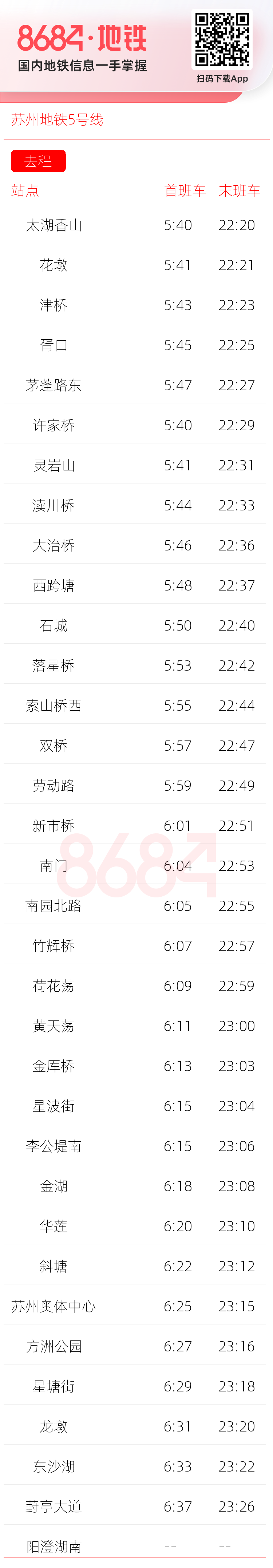 苏州地铁5号线运营时间表
