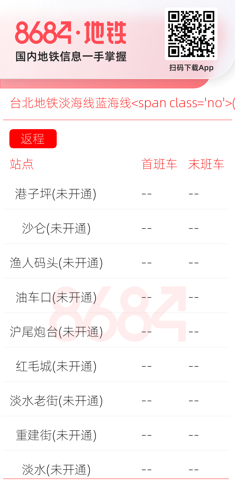 台北地铁淡海线蓝海线<span class='no'>(未开通)</span>运营时间表