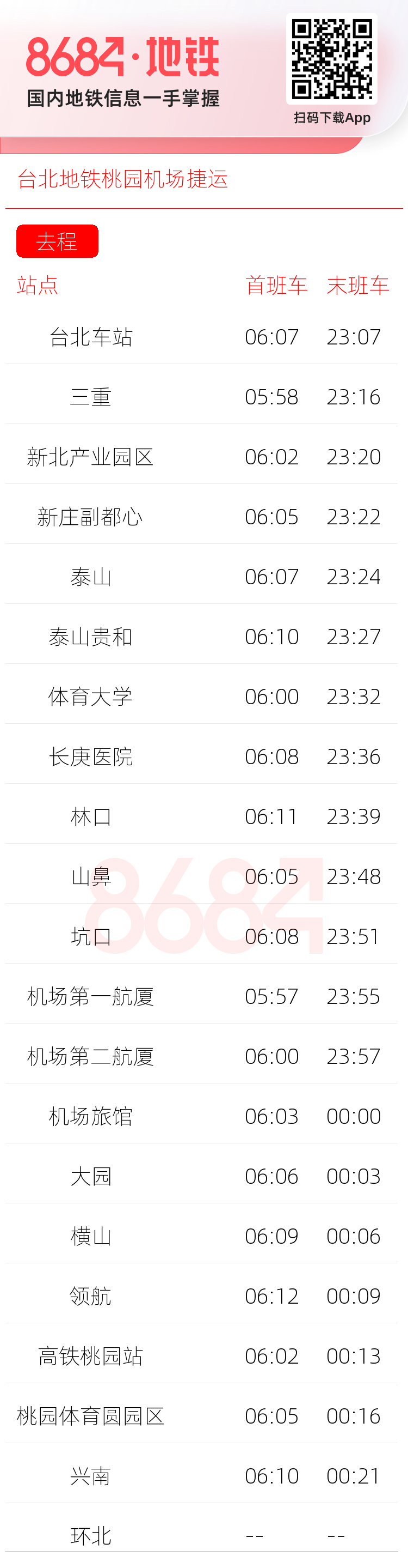 台北地铁桃园机场捷运运营时间表