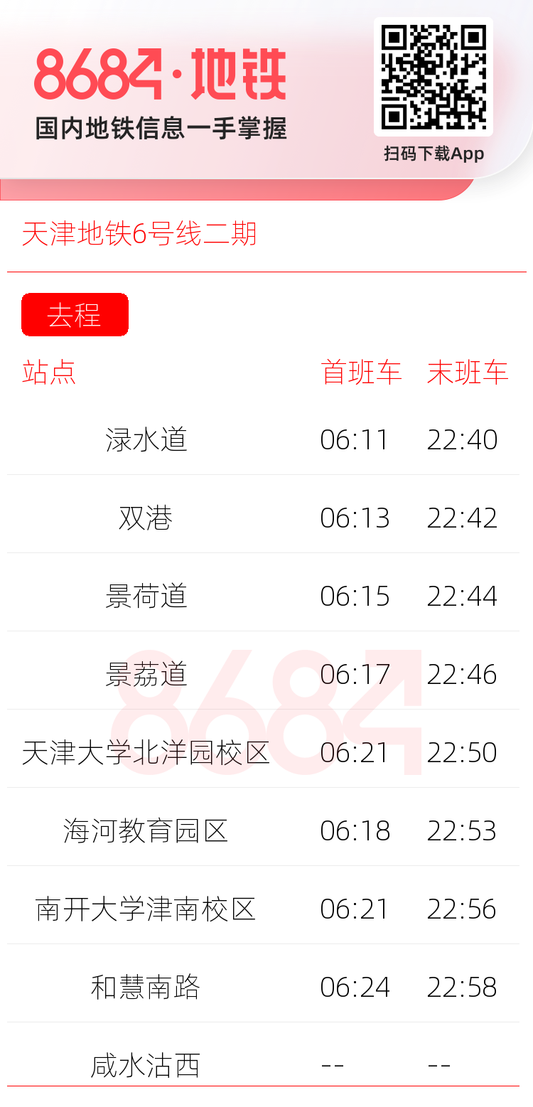 天津地铁6号线二期运营时间表