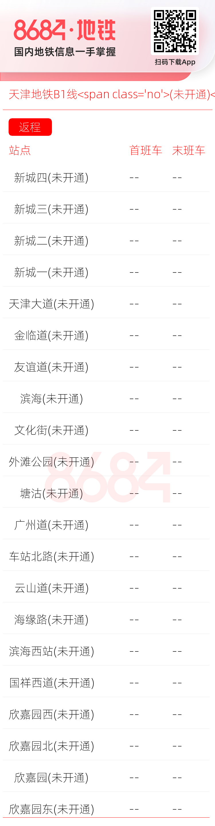 天津地铁B1线<span class='no'>(未开通)</span>运营时间表
