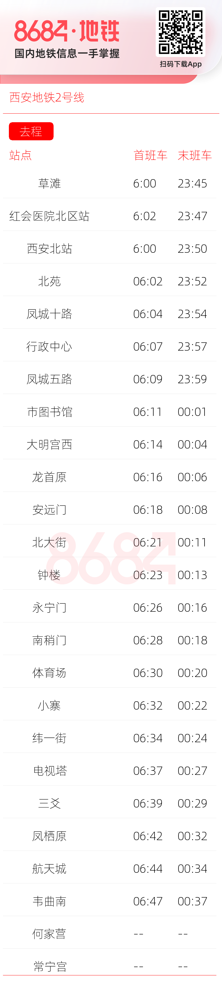 西安地铁2号线运营时间表