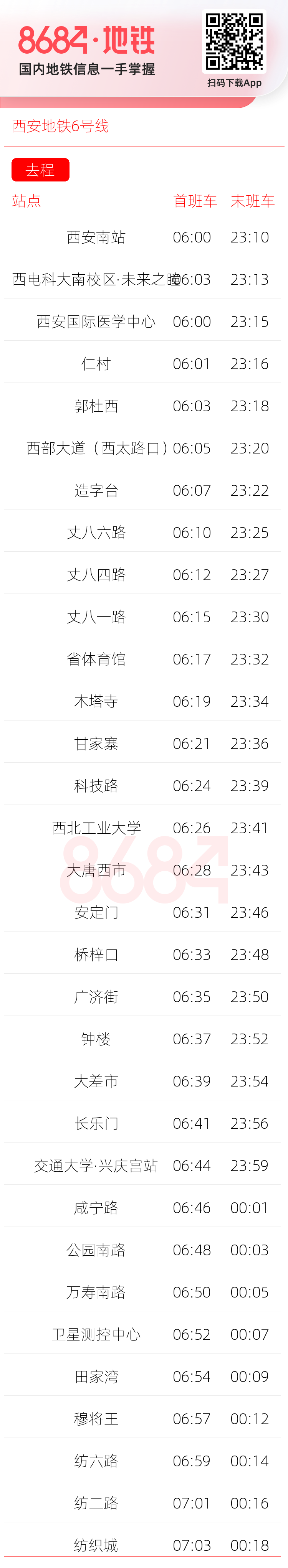 西安地铁6号线运营时间表