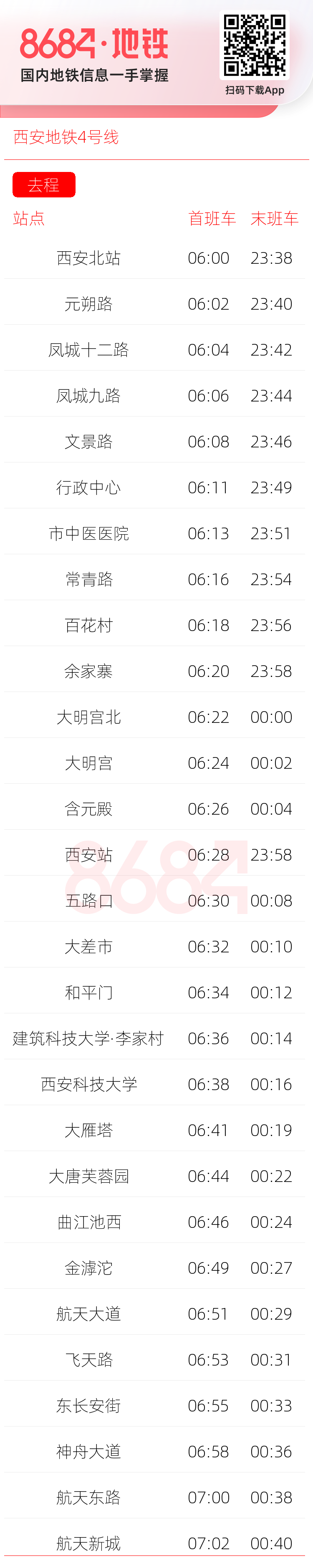 西安地铁4号线运营时间表