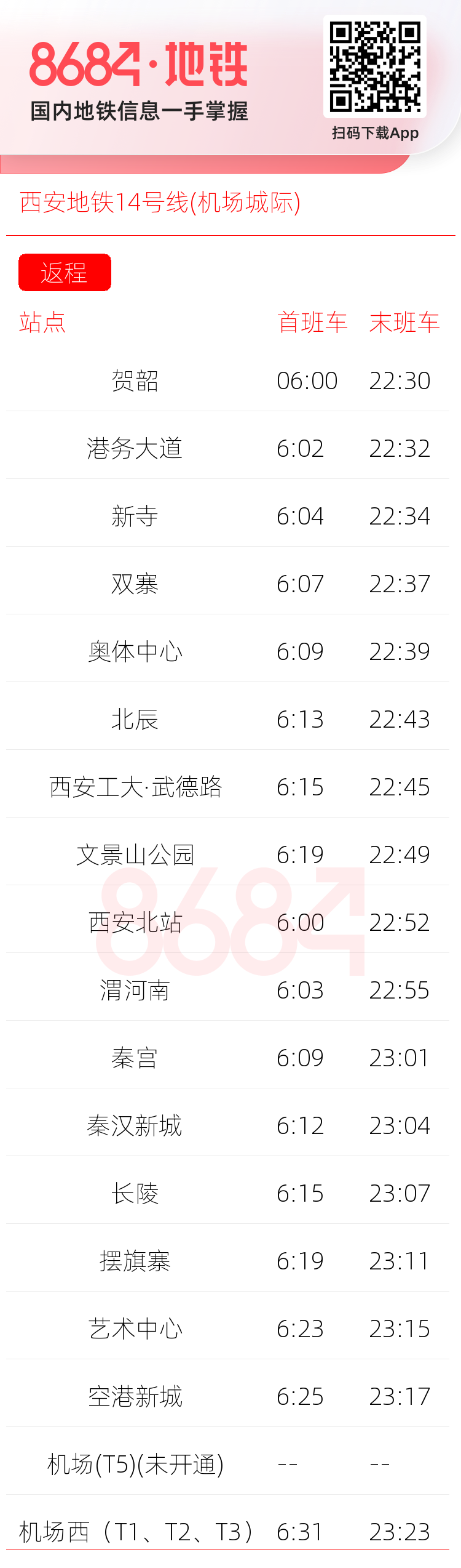 西安地铁14号线(机场城际)运营时间表