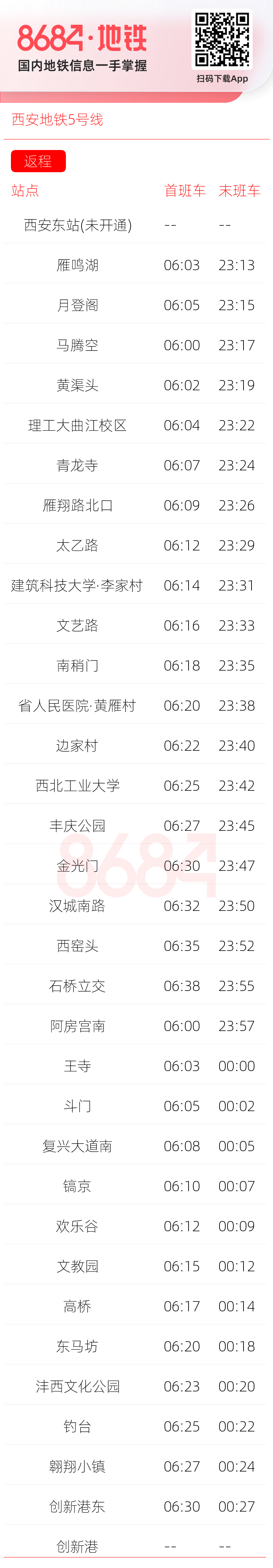 西安地铁5号线运营时间表
