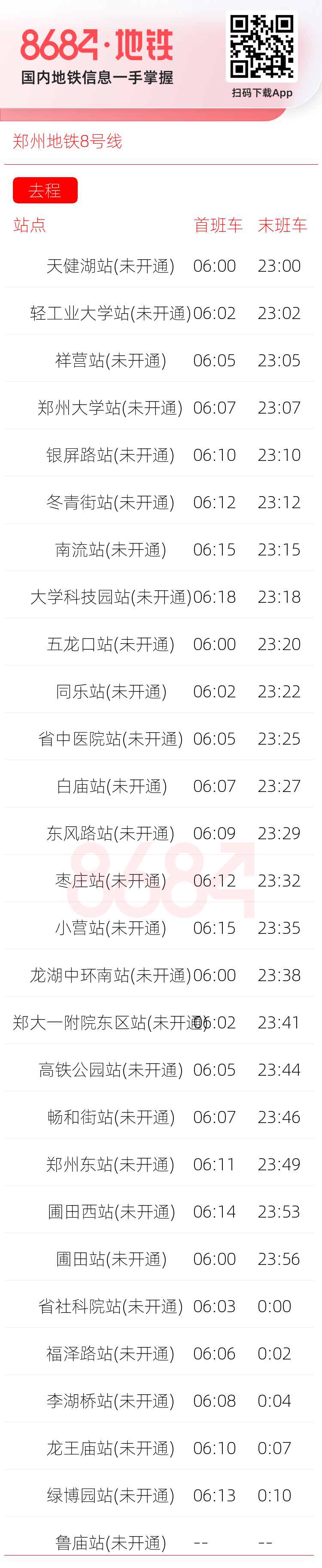 郑州地铁8号线运营时间表